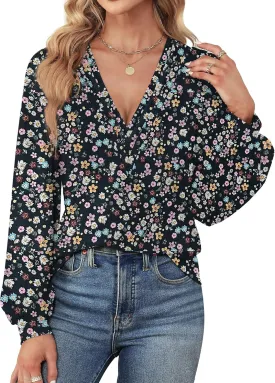 Agnes Urban Womens V Neck Long Sleeve Tops Dressy Casual Fall Shirts Puff Sleeve Loose Tunic Trendy Tops Blouses
