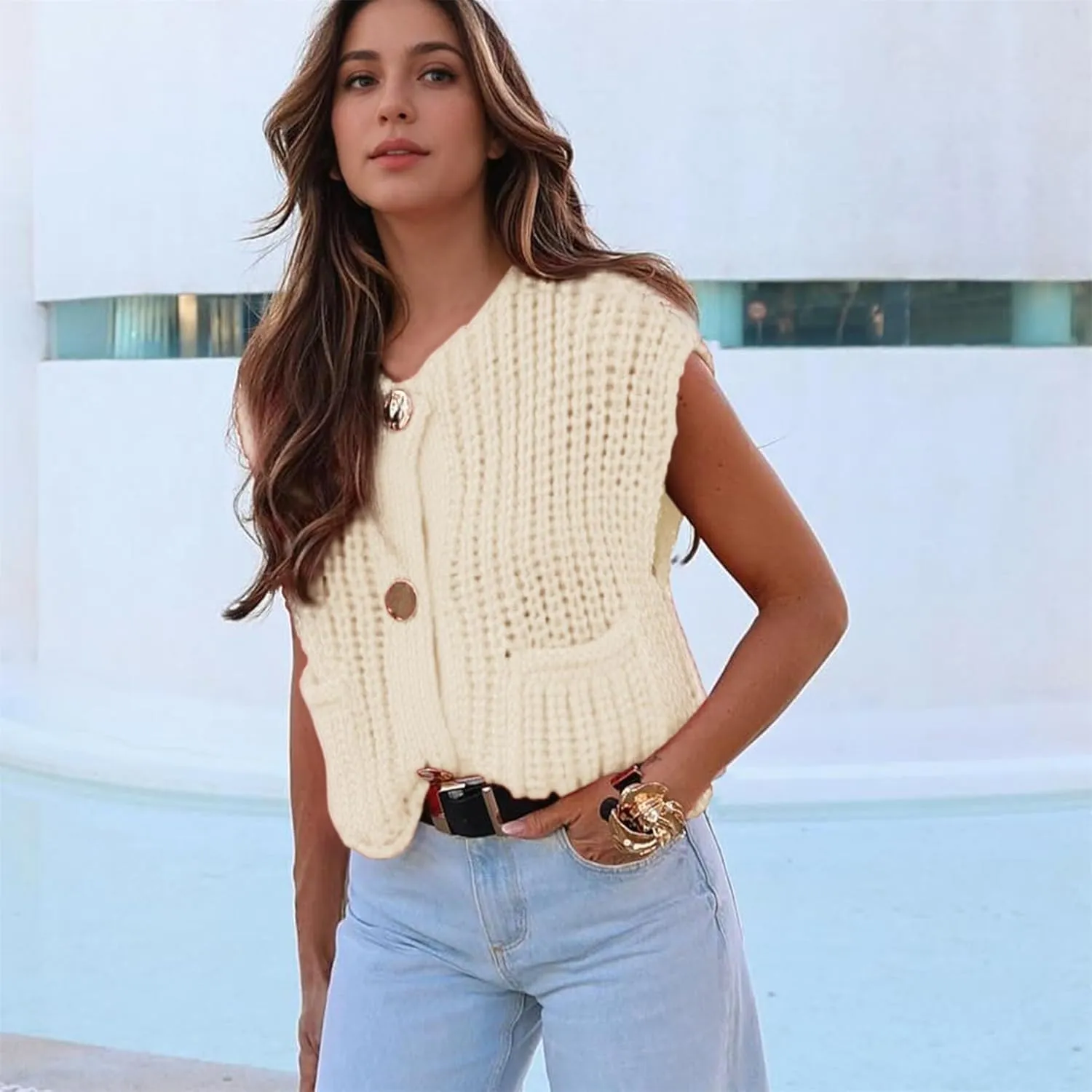 Ainangua Sleeveless Cropped Cardigan for Women Casual Chunky Knit Tank Tops Button Down Open Front Sweater Vest with Pockets