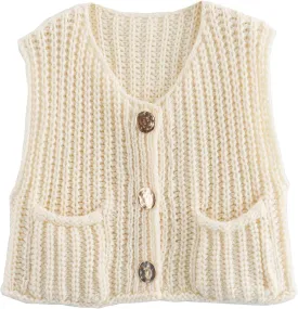 Ainangua Sleeveless Cropped Cardigan for Women Casual Chunky Knit Tank Tops Button Down Open Front Sweater Vest with Pockets