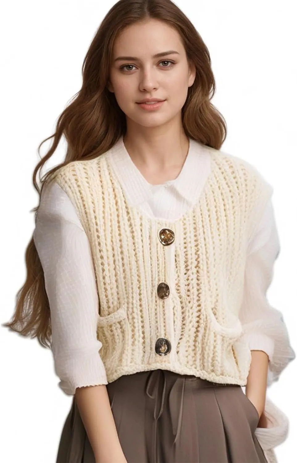 Ainangua Sleeveless Cropped Cardigan for Women Casual Chunky Knit Tank Tops Button Down Open Front Sweater Vest with Pockets