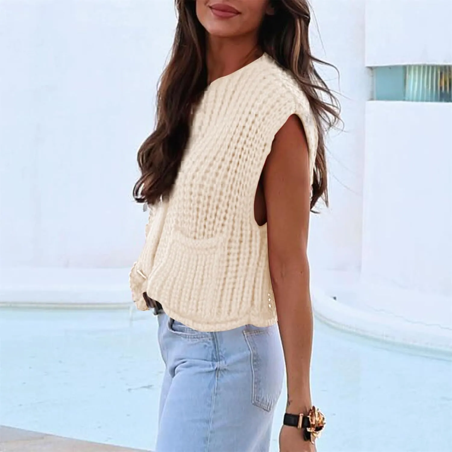 Ainangua Sleeveless Cropped Cardigan for Women Casual Chunky Knit Tank Tops Button Down Open Front Sweater Vest with Pockets