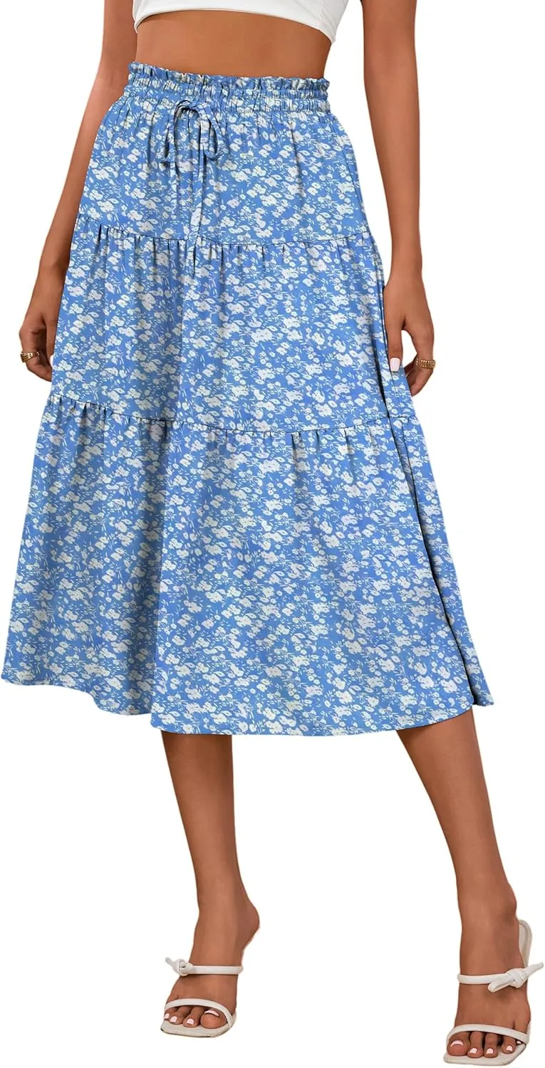 Anbech Women's Midi Skirt Elastic High Waisted Summer Pleated Beach Casual Skirts