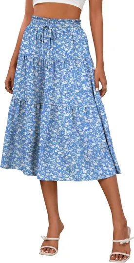Anbech Women's Midi Skirt Elastic High Waisted Summer Pleated Beach Casual Skirts