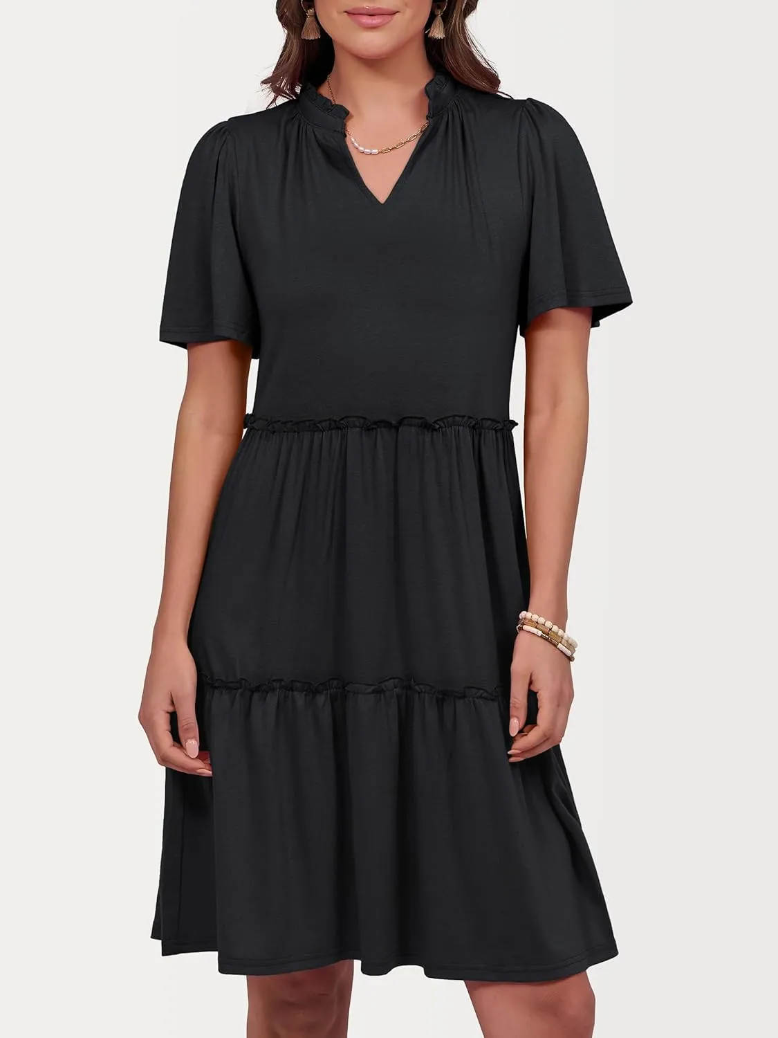 ANRABESS Womens Summer Casual Short Sleeve V Neck A line Tunic Dress Flowy Tiered Babydoll Mini Dress Beach Vacation Outfits