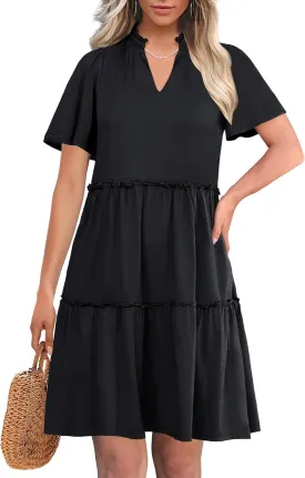 ANRABESS Womens Summer Casual Short Sleeve V Neck A line Tunic Dress Flowy Tiered Babydoll Mini Dress Beach Vacation Outfits