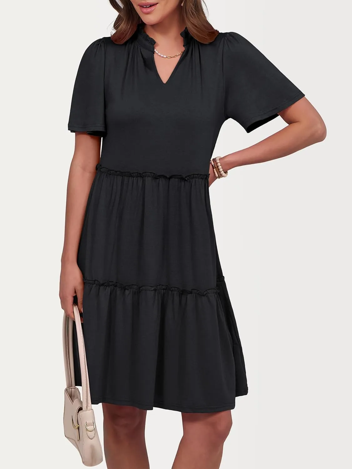 ANRABESS Womens Summer Casual Short Sleeve V Neck A line Tunic Dress Flowy Tiered Babydoll Mini Dress Beach Vacation Outfits