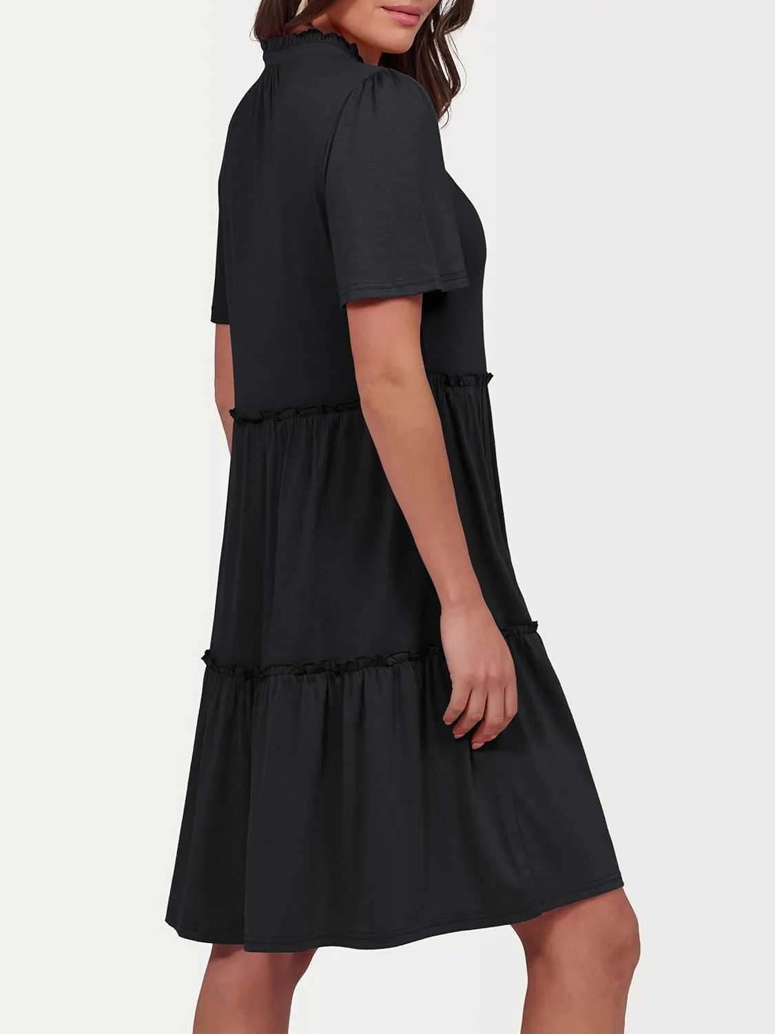 ANRABESS Womens Summer Casual Short Sleeve V Neck A line Tunic Dress Flowy Tiered Babydoll Mini Dress Beach Vacation Outfits