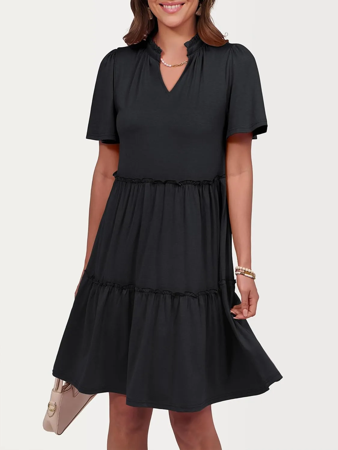 ANRABESS Womens Summer Casual Short Sleeve V Neck A line Tunic Dress Flowy Tiered Babydoll Mini Dress Beach Vacation Outfits