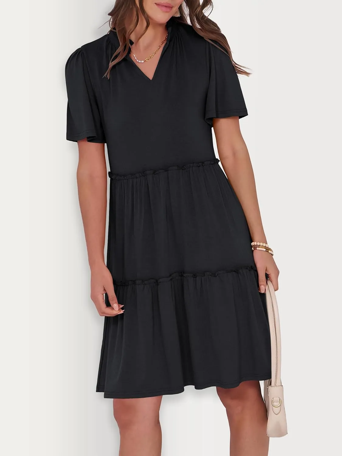 ANRABESS Womens Summer Casual Short Sleeve V Neck A line Tunic Dress Flowy Tiered Babydoll Mini Dress Beach Vacation Outfits