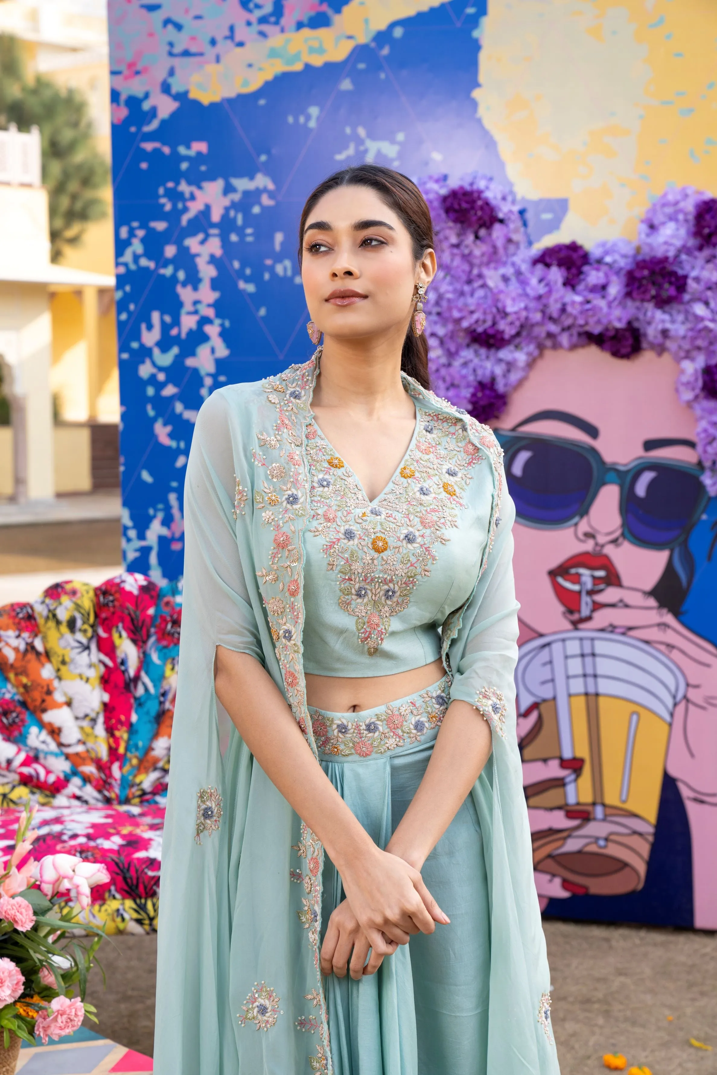 Aqua Pearl Embroidered Satin Silk Cape Set