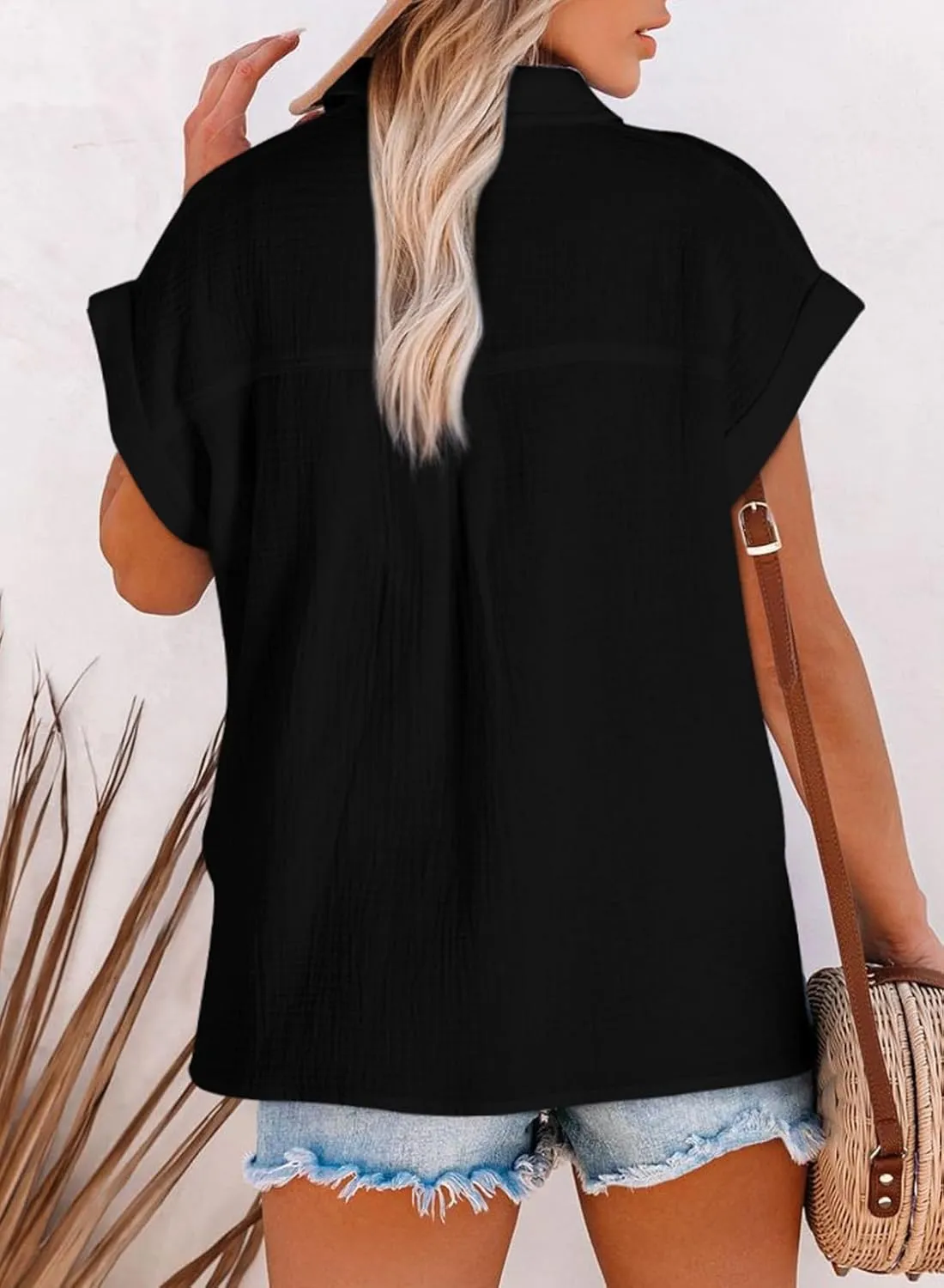 Astylish Women Summer Tops Cotton Short Sleeve Shirt V Neck Button Down Blouse Tunic Tops
