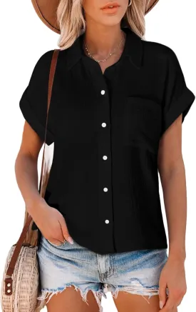 Astylish Women Summer Tops Cotton Short Sleeve Shirt V Neck Button Down Blouse Tunic Tops