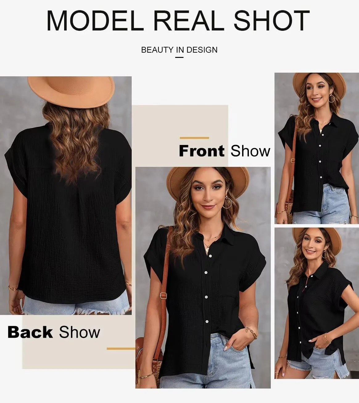 Astylish Women Summer Tops Cotton Short Sleeve Shirt V Neck Button Down Blouse Tunic Tops