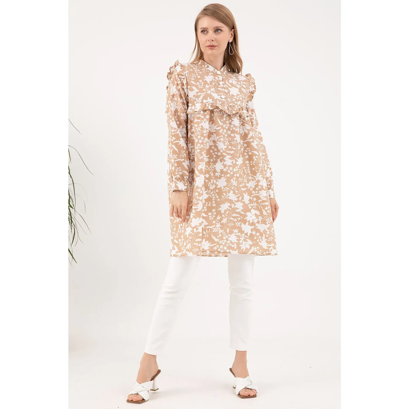 Beige Floral Patterned Tunic