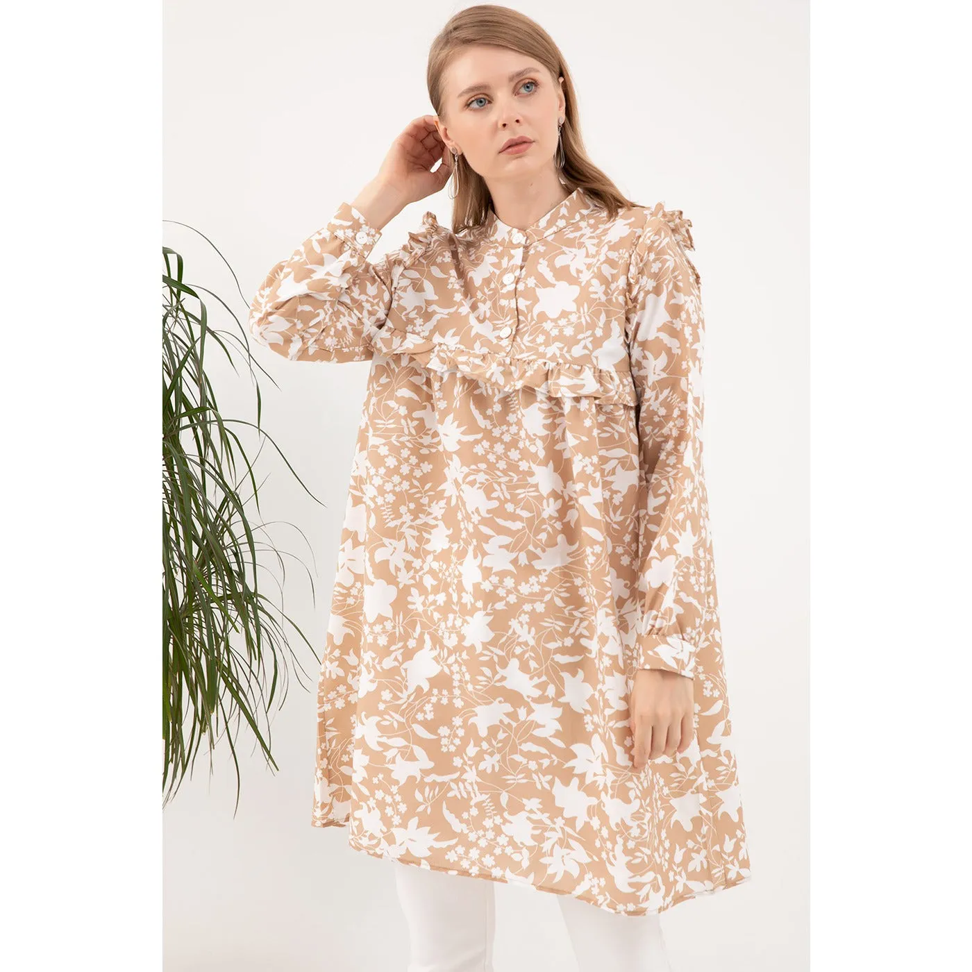 Beige Floral Patterned Tunic