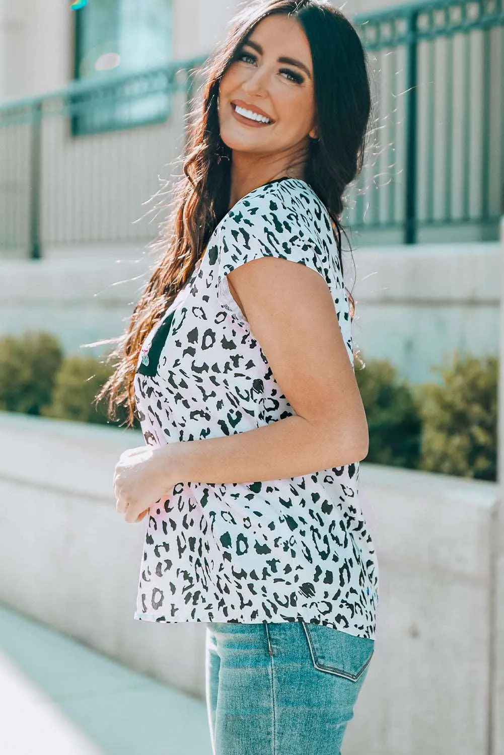 Black & White Animal Print Flower Embroidered Tunic Short Sleeve Top