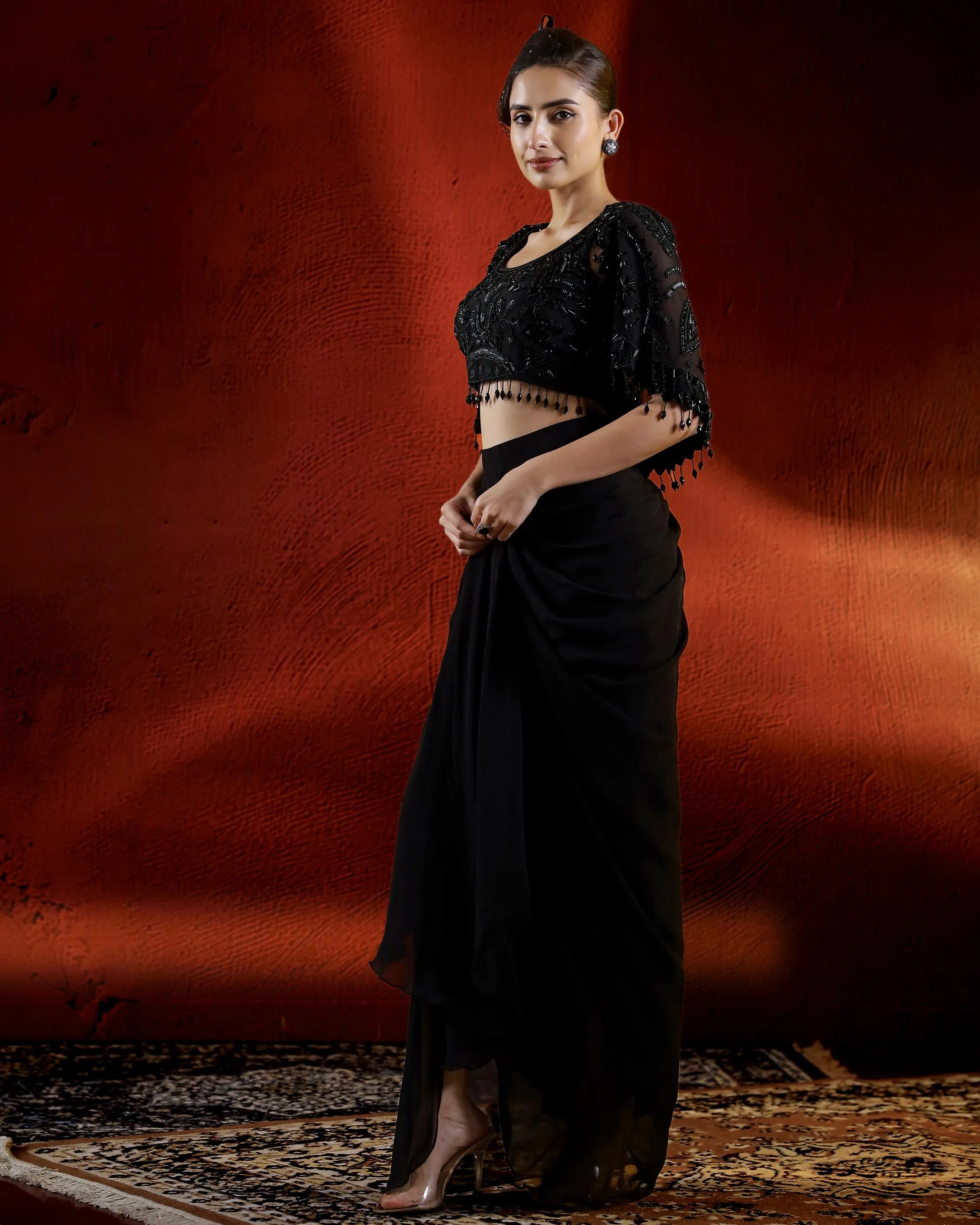 Black Sequin Embellished Skirt Set with Cape