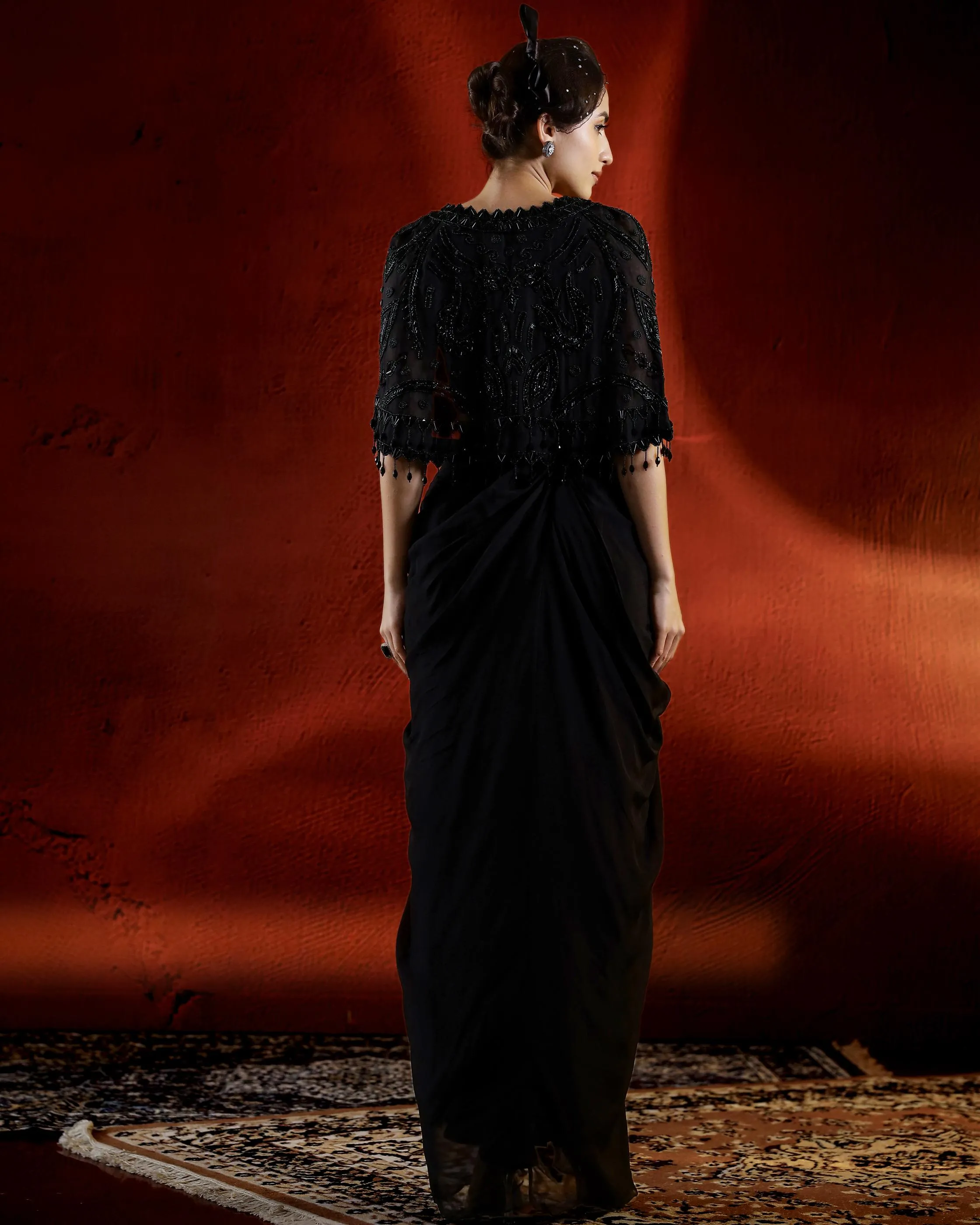 Black Sequin Embellished Skirt Set with Cape