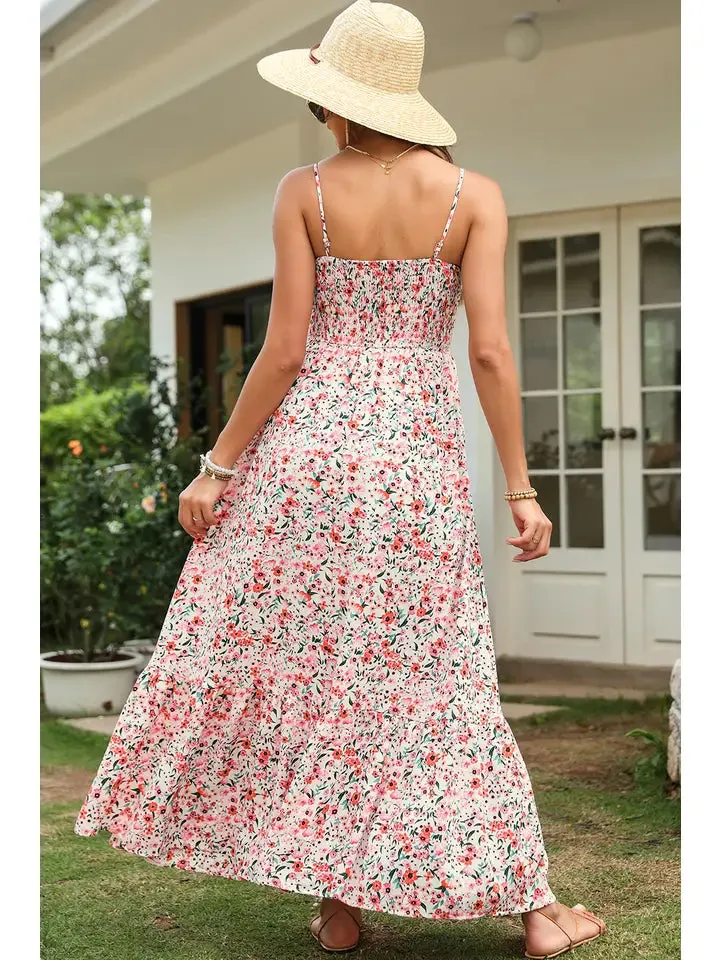 Boho Floral Smocked Ruffled Maxi Dress