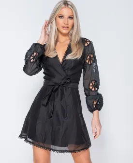 Broderie Anglaise Puff Sleeve Wrapover Belted Mini Dress
