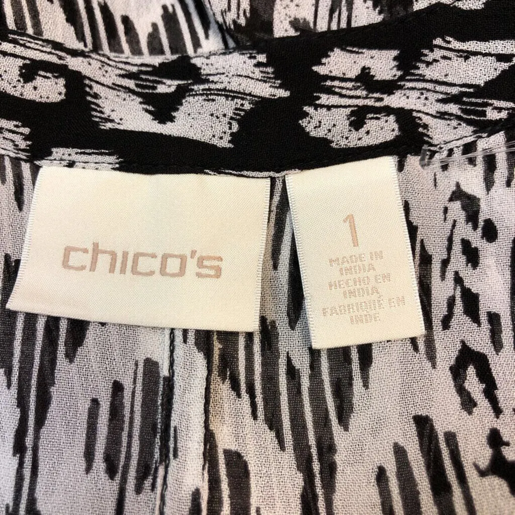 CHICOS BLACK WHITE PATTERNED TUNIC SHIRT SIZE 1 TCC