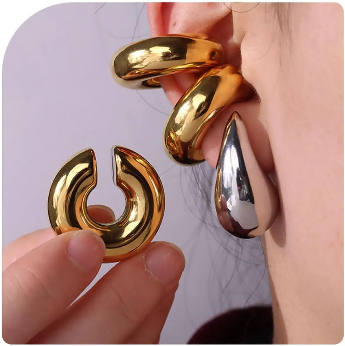 Chunky Cuff Earrings for Women Gold Silver Ear Cuffs Earrings for Non Pierced Ears Cartilage Clip On 14K Gold Plated Stainless Steel Jewelry