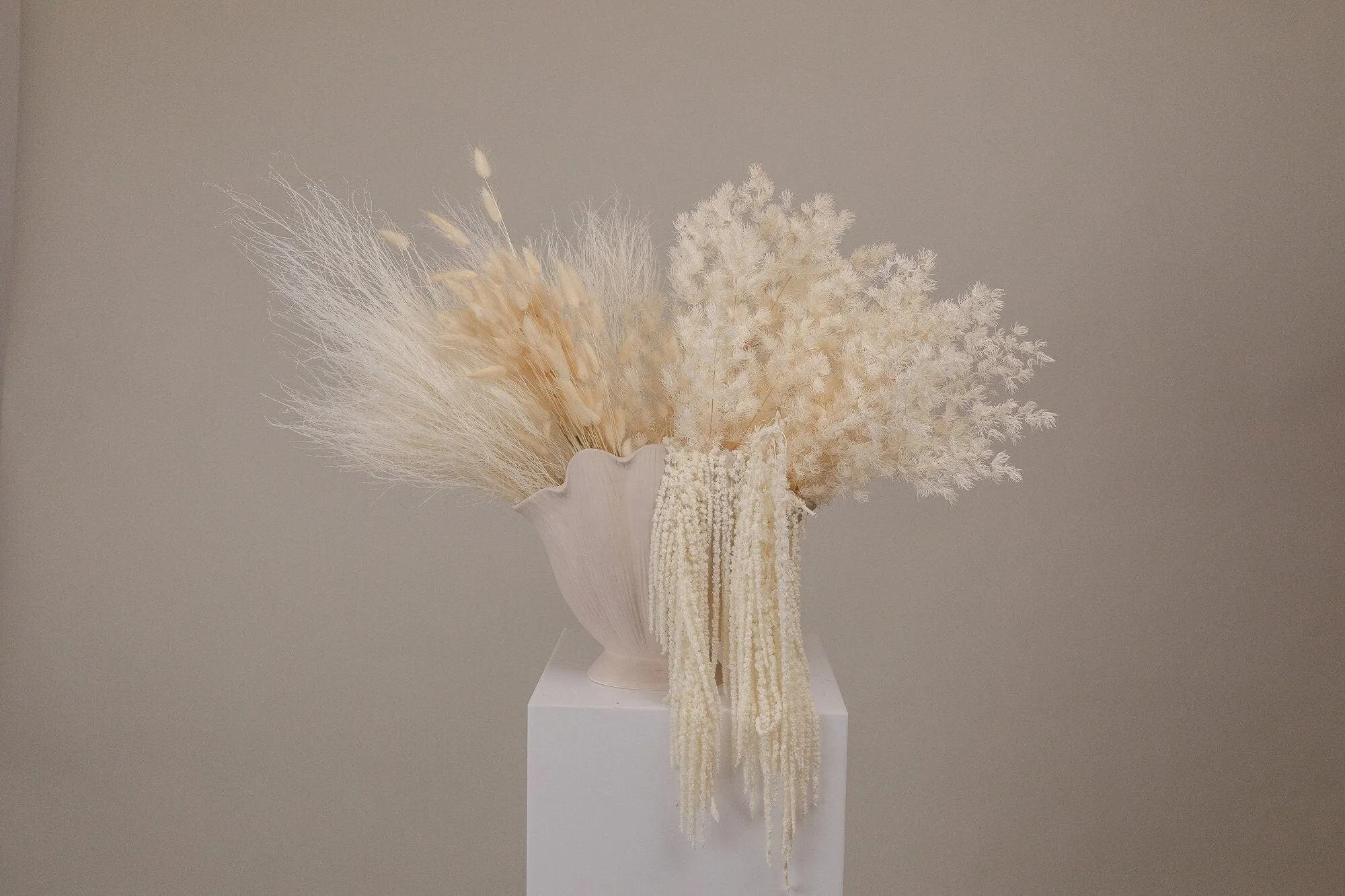 Cloud Fern & Amaranthus with Bunny Tails Top Table Centerpiece and Vase Arrangement