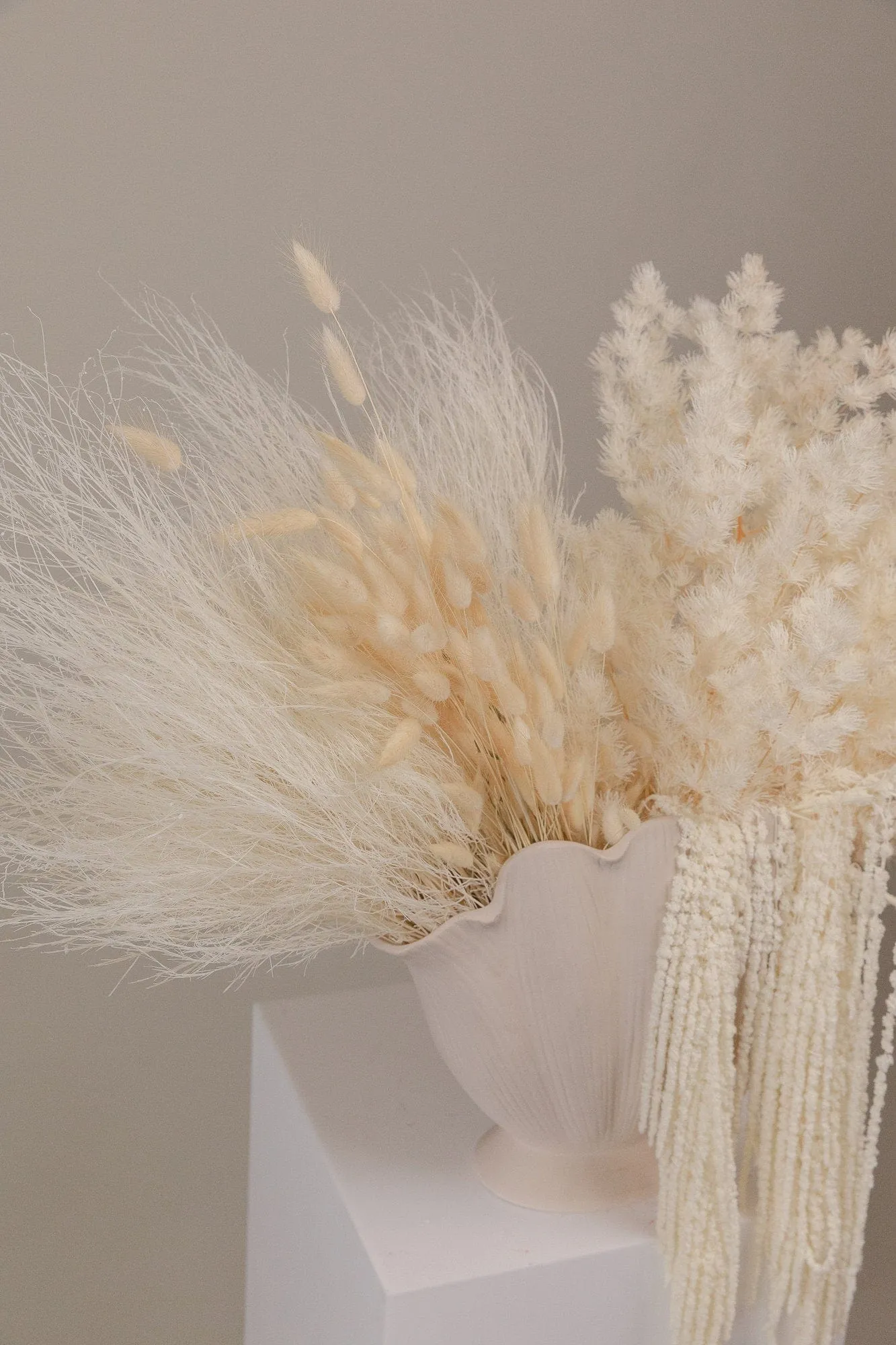 Cloud Fern & Amaranthus with Bunny Tails Top Table Centerpiece and Vase Arrangement