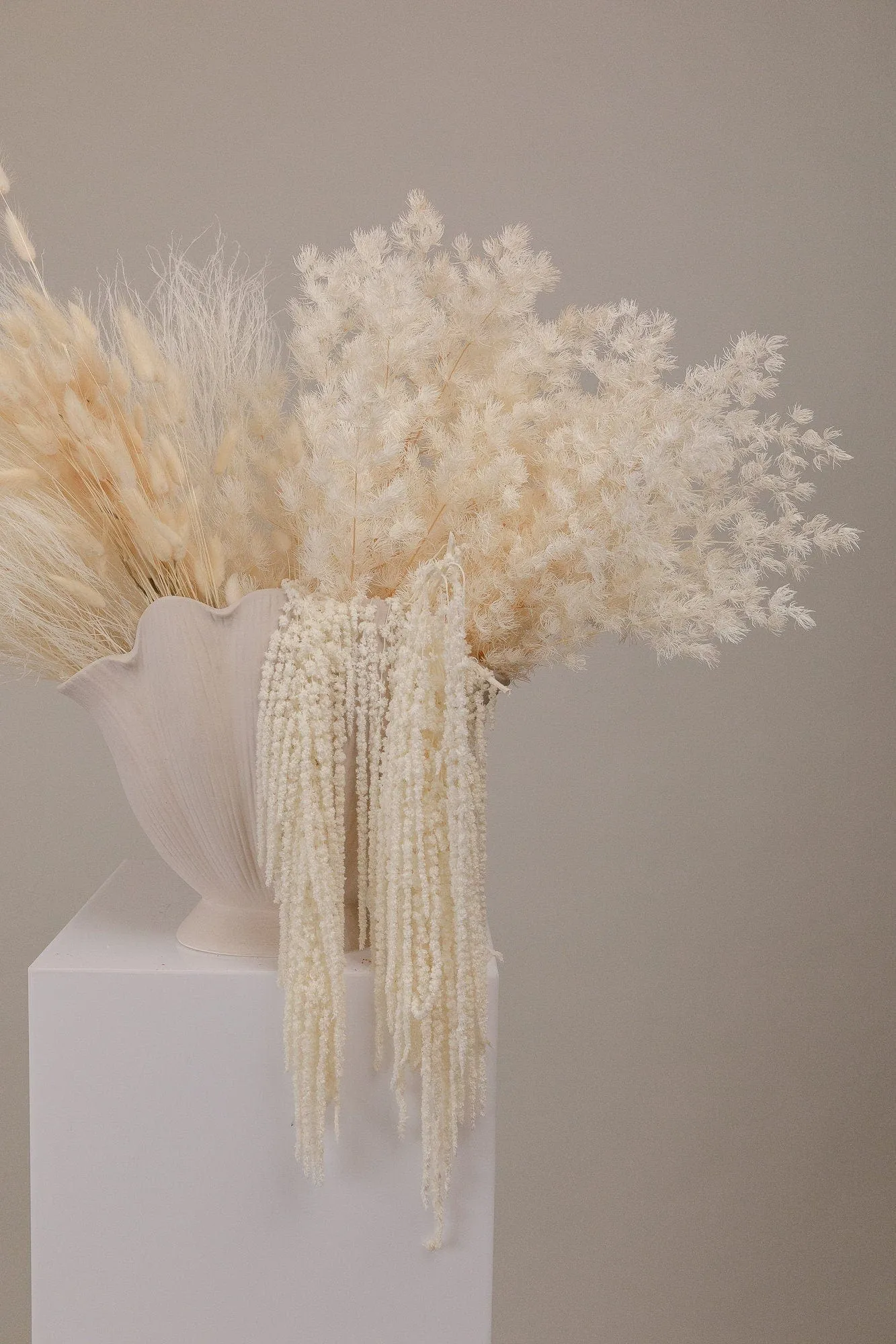 Cloud Fern & Amaranthus with Bunny Tails Top Table Centerpiece and Vase Arrangement