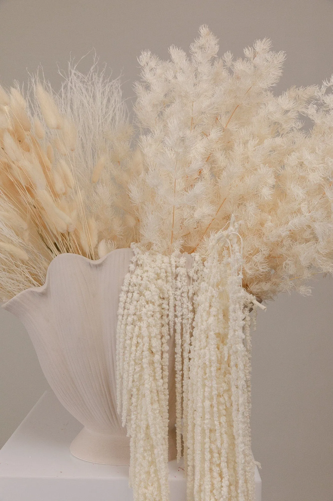 Cloud Fern & Amaranthus with Bunny Tails Top Table Centerpiece and Vase Arrangement