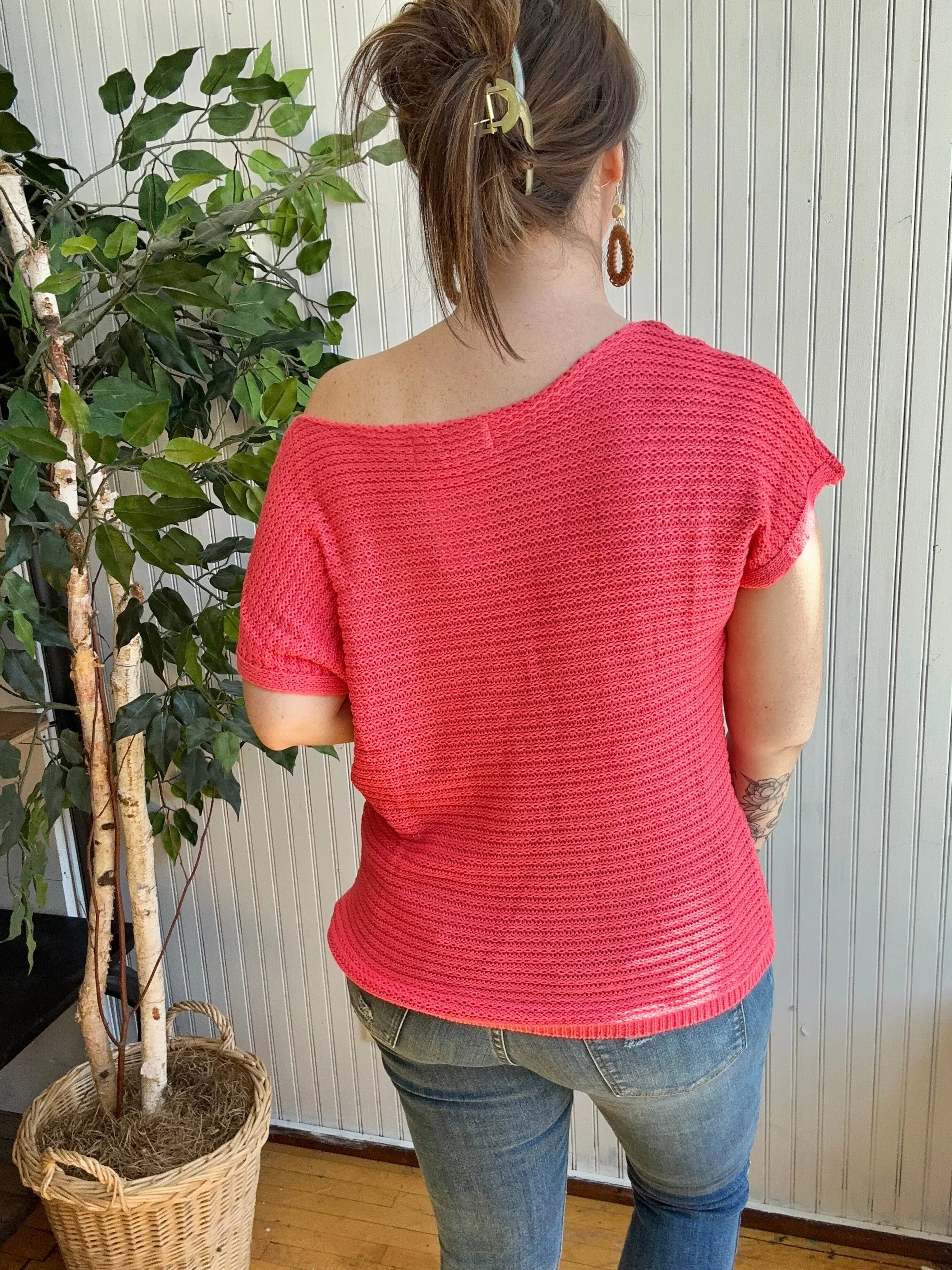 Coral Knit Slouchy Short Sleeve Sweater