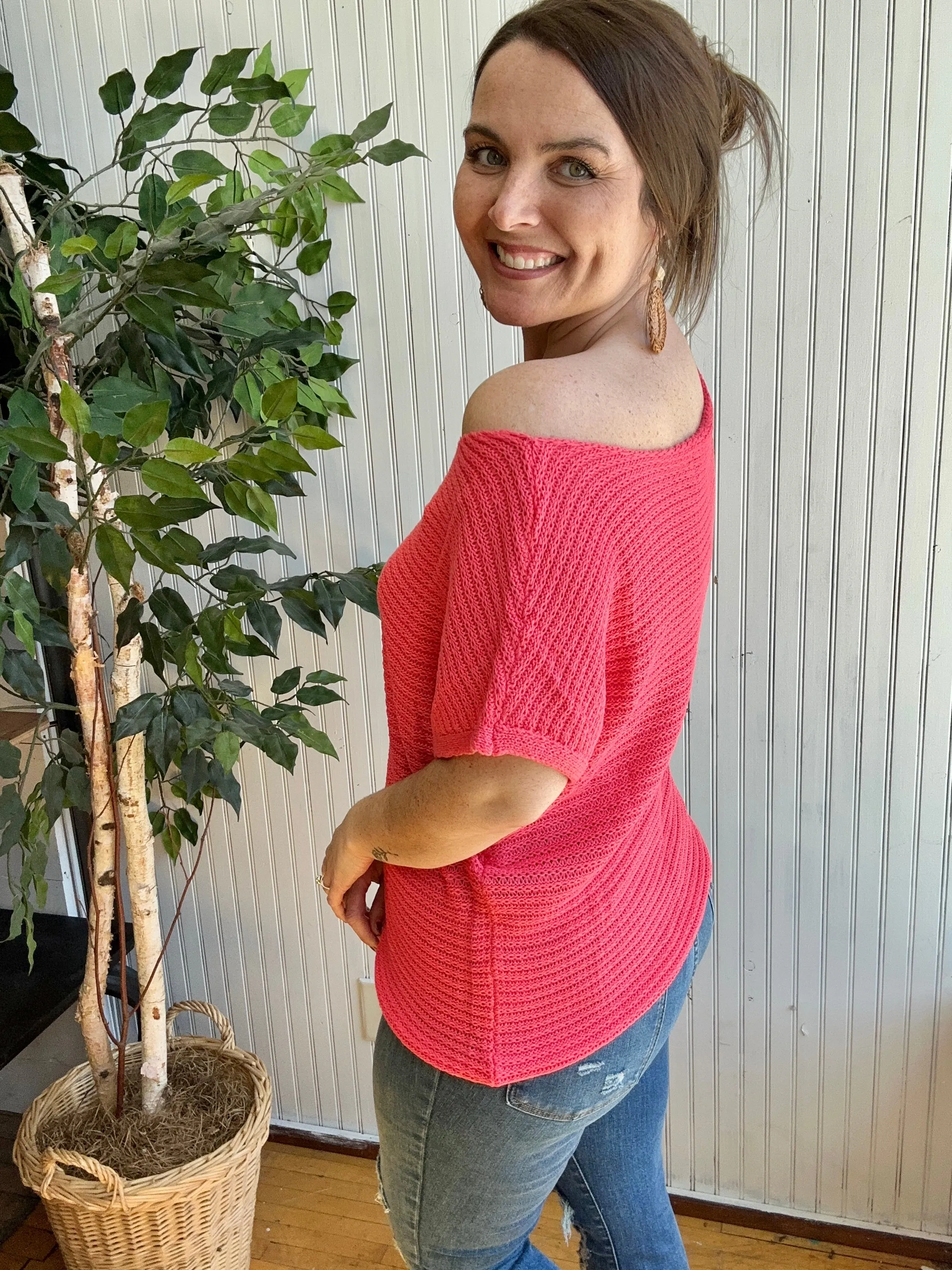 Coral Knit Slouchy Short Sleeve Sweater
