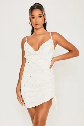 Cowl Neck Tie Side Diamante Mini Dress White
