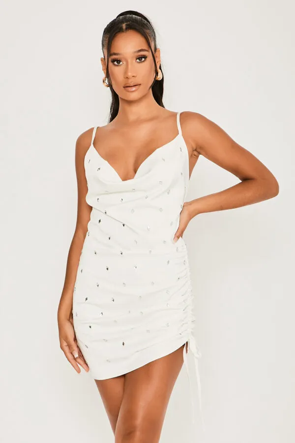 Cowl Neck Tie Side Diamante Mini Dress White