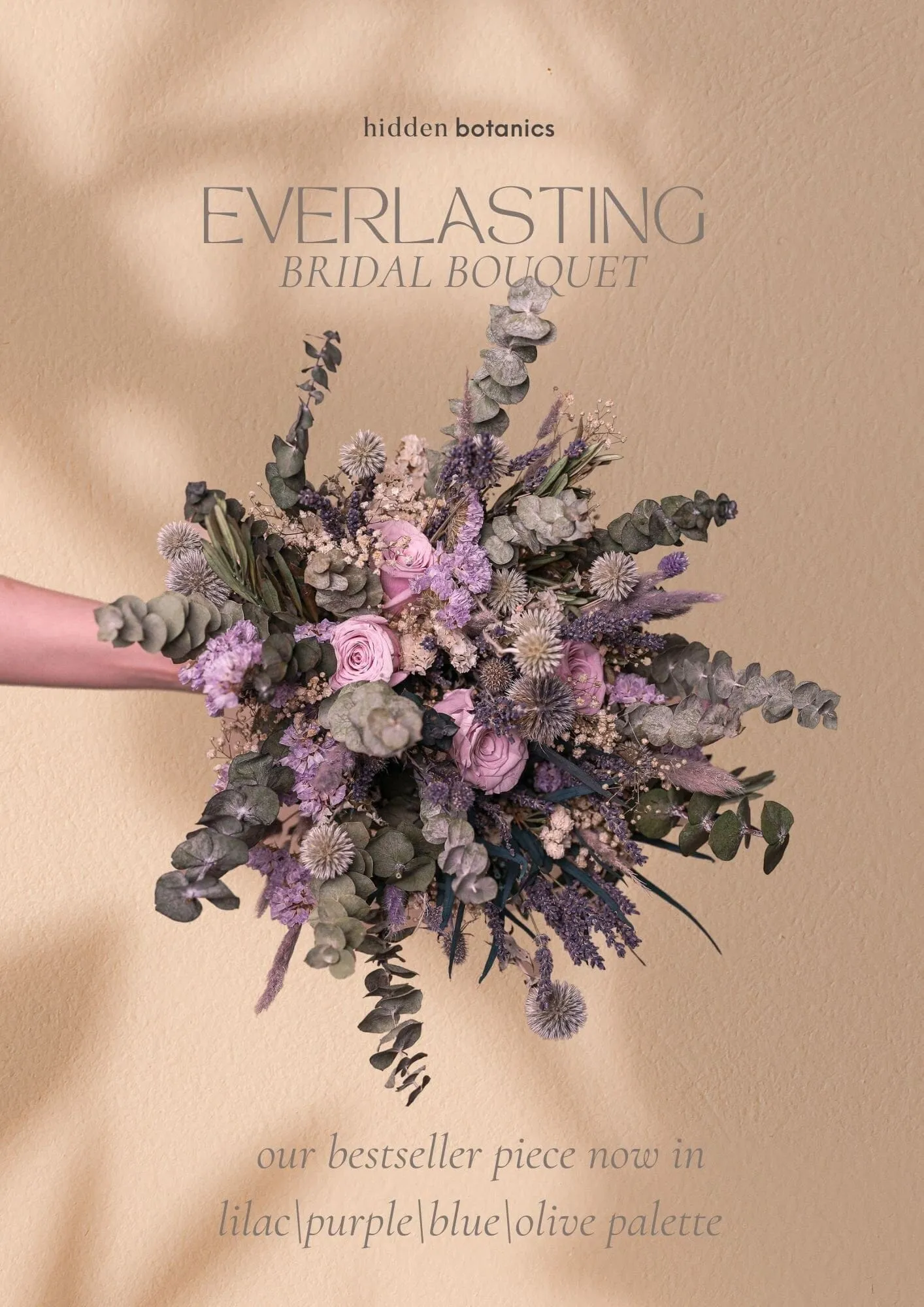 Dried Pale Eucalyptus, Scottish Globe Thistles & Lilac Eternal Roses Wildflower bridal bouquet / Lilac Wedding Bouquet / Purple Wedding