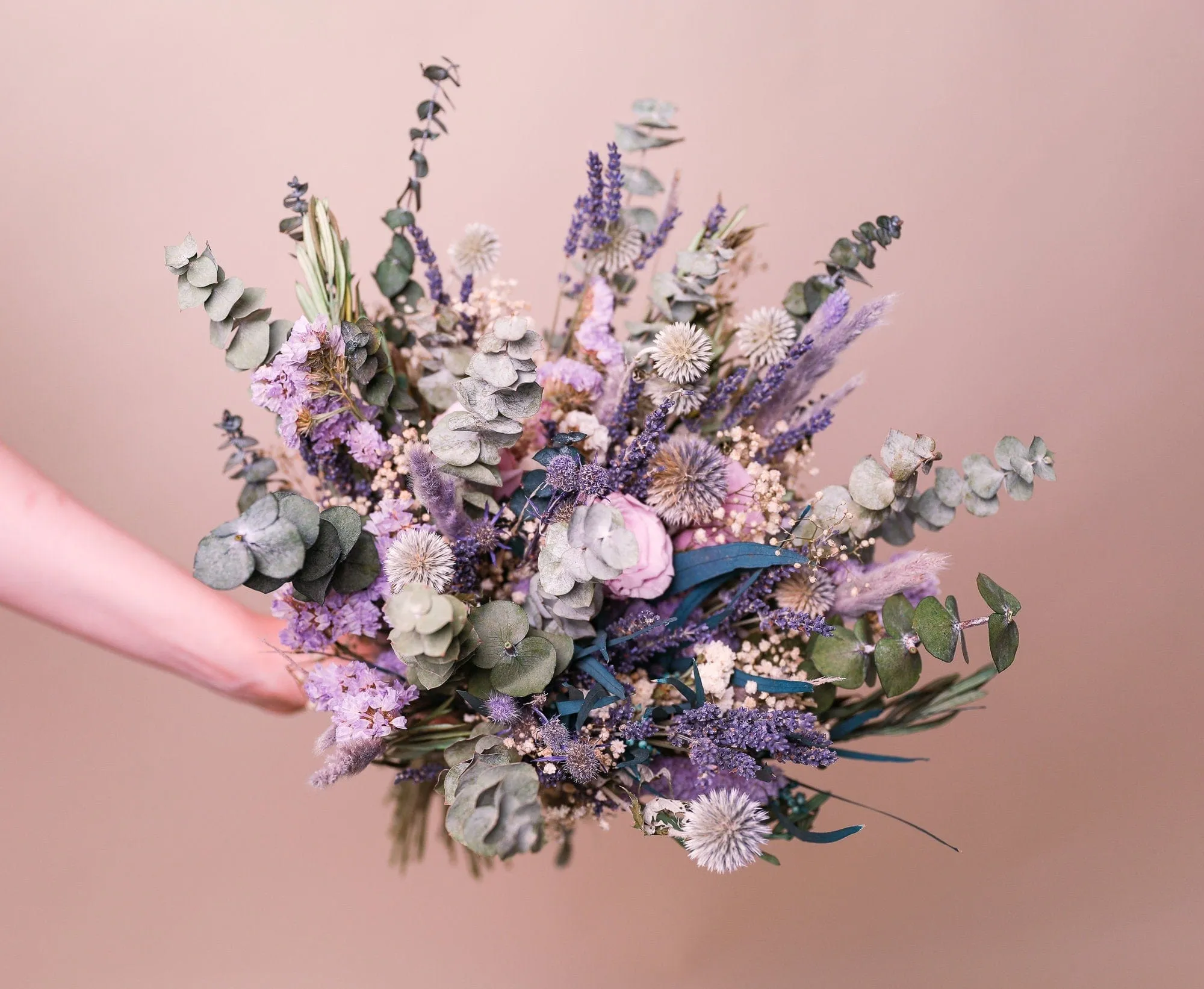 Dried Pale Eucalyptus, Scottish Globe Thistles & Lilac Eternal Roses Wildflower bridal bouquet / Lilac Wedding Bouquet / Purple Wedding