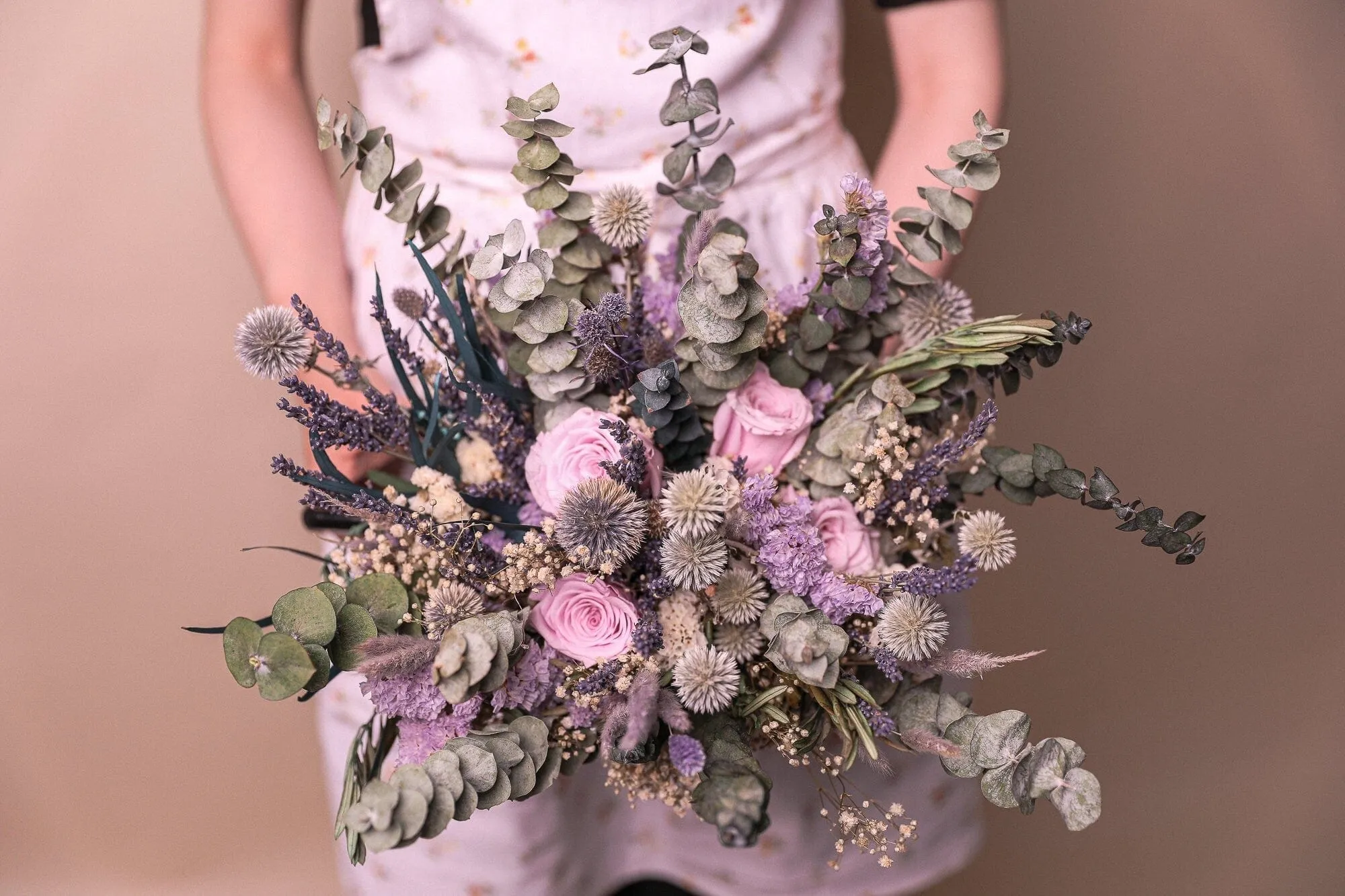 Dried Pale Eucalyptus, Scottish Globe Thistles & Lilac Eternal Roses Wildflower bridal bouquet / Lilac Wedding Bouquet / Purple Wedding