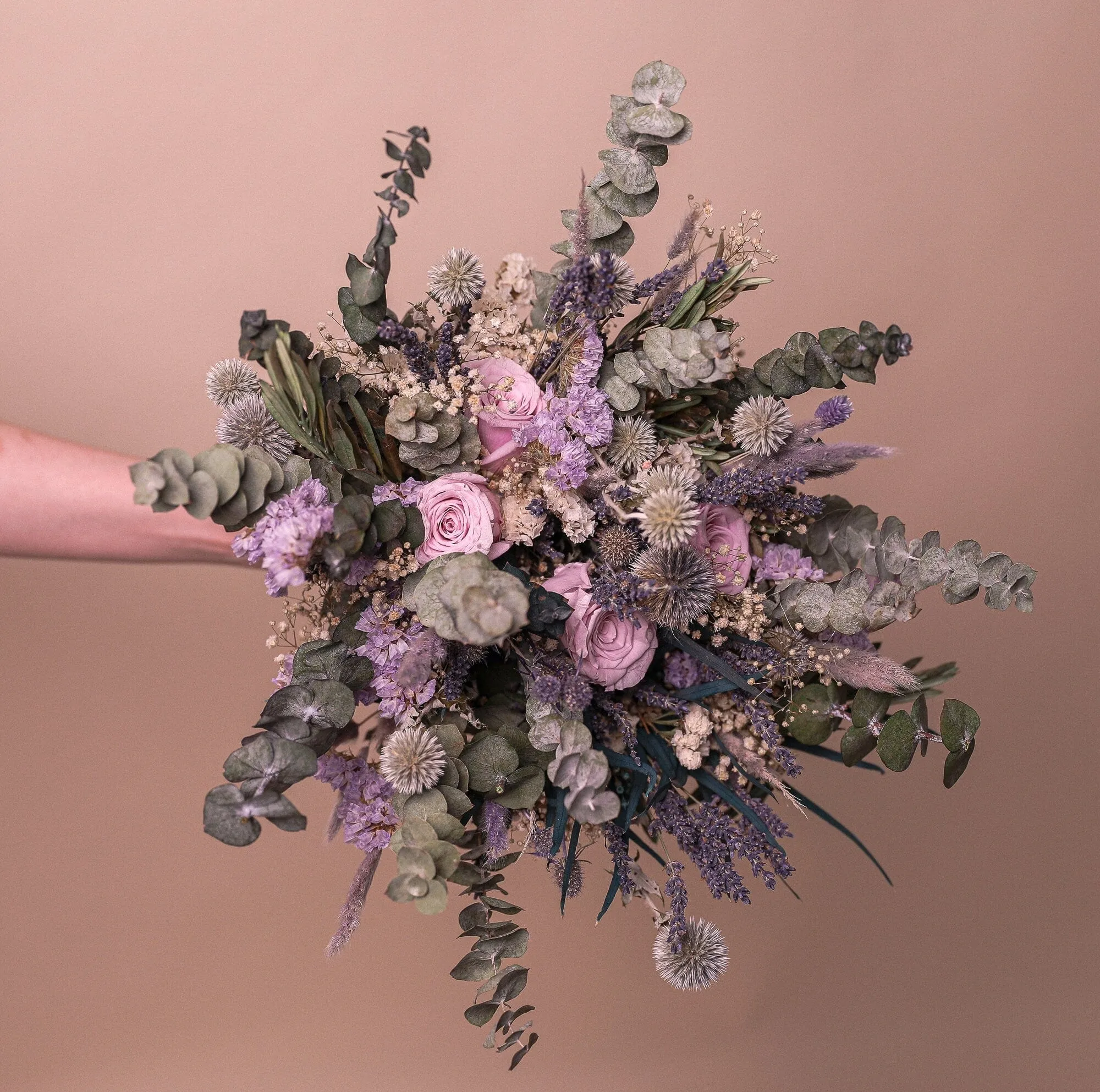 Dried Pale Eucalyptus, Scottish Globe Thistles & Lilac Eternal Roses Wildflower bridal bouquet / Lilac Wedding Bouquet / Purple Wedding