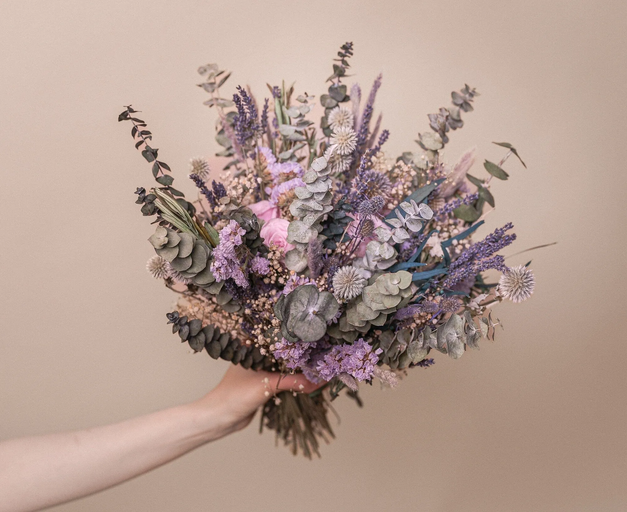 Dried Pale Eucalyptus, Scottish Globe Thistles & Lilac Eternal Roses Wildflower bridal bouquet / Lilac Wedding Bouquet / Purple Wedding
