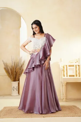 Dusky Rose Embellished Satin Silk Drape Skirt Set