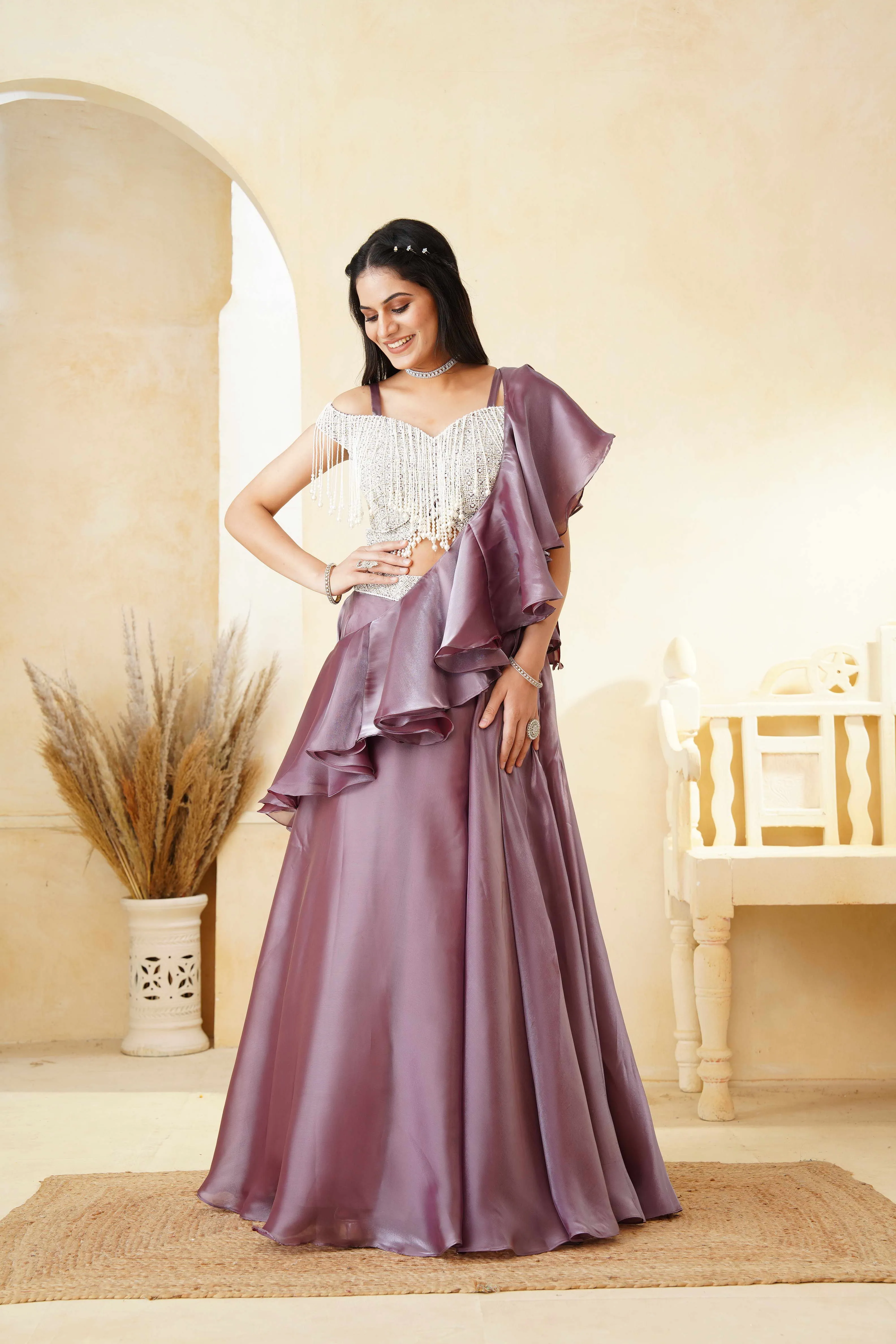 Dusky Rose Embellished Satin Silk Drape Skirt Set