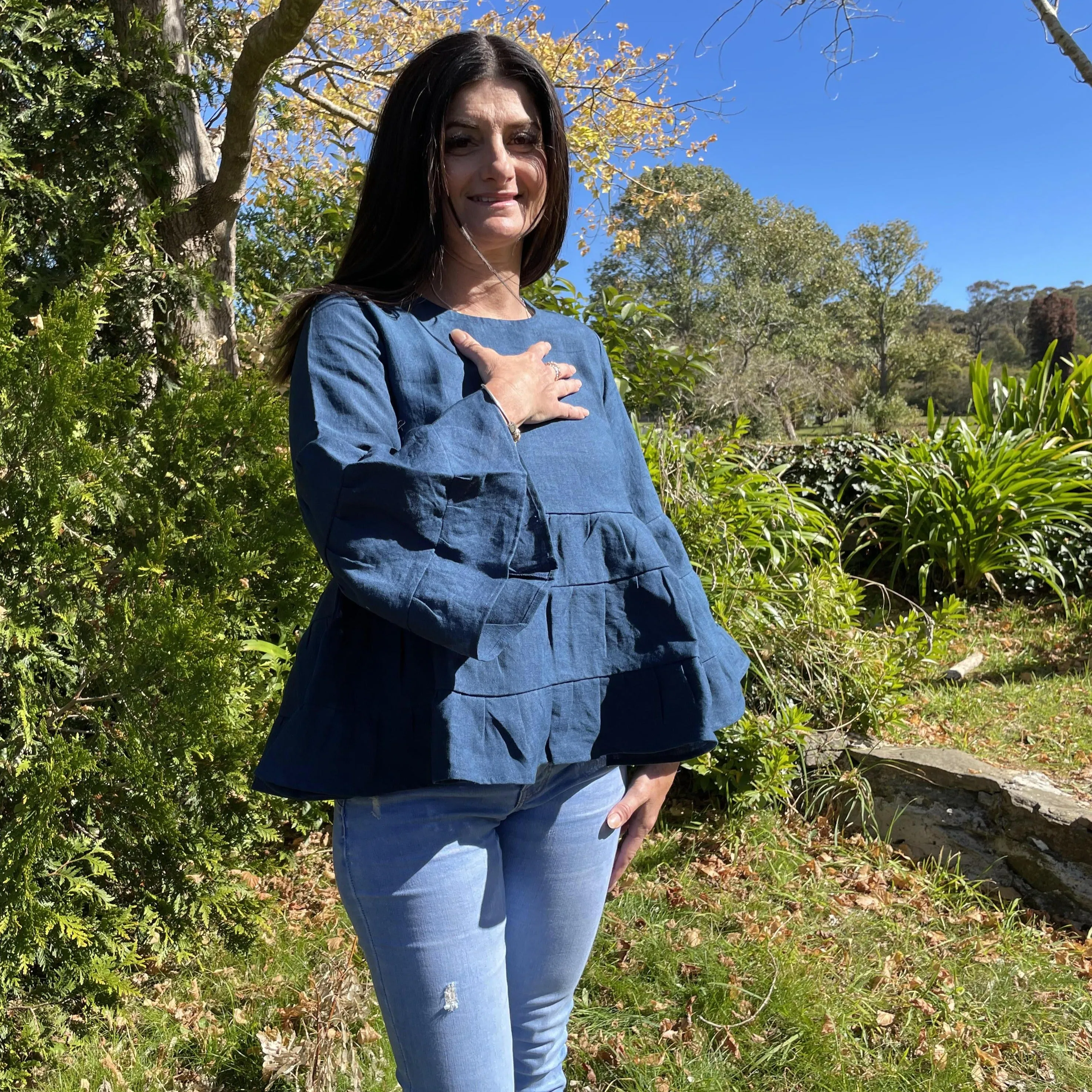Fair Trade Linen Bell Sleeve Tiered Top - Navy