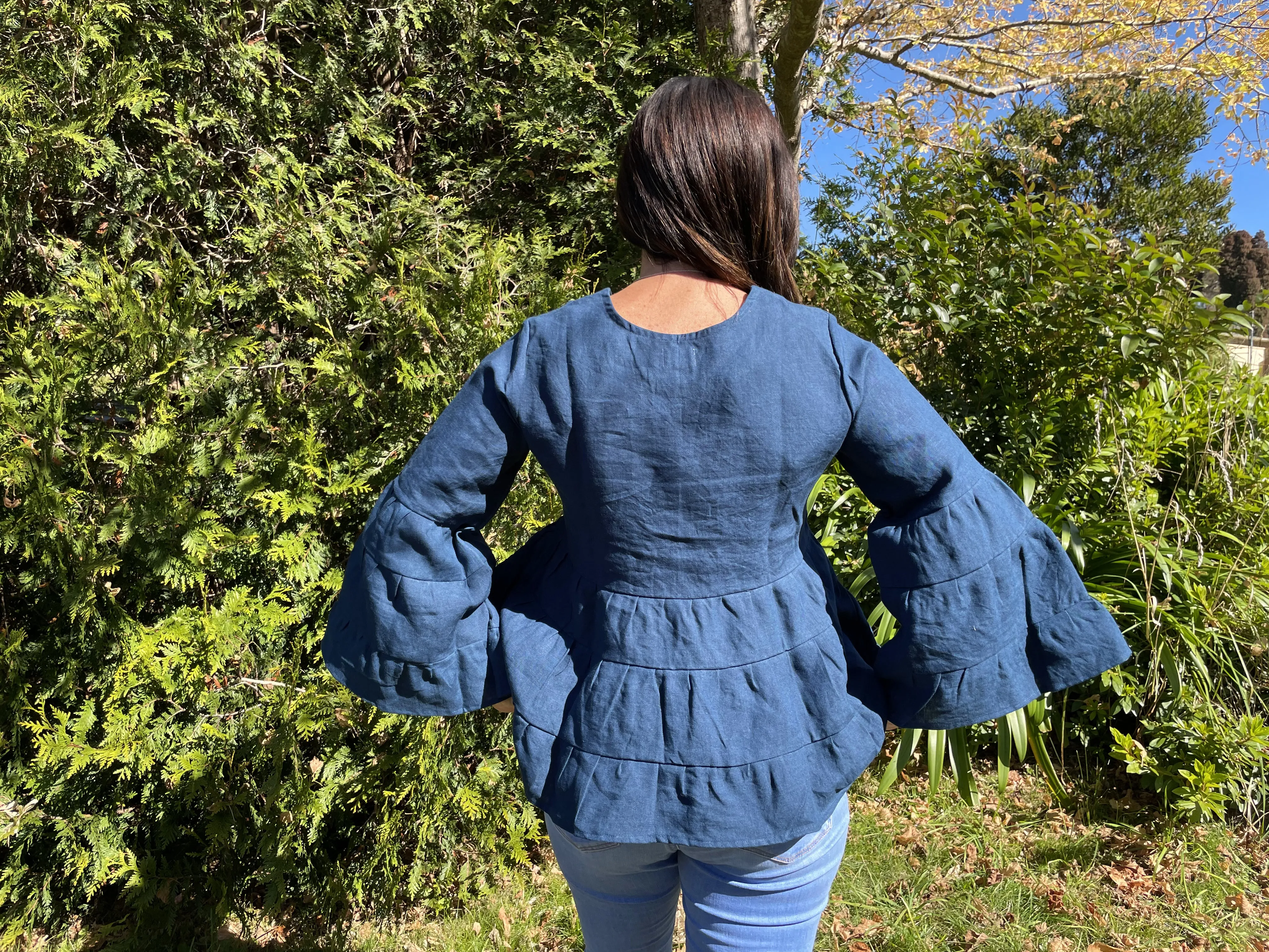 Fair Trade Linen Bell Sleeve Tiered Top - Navy