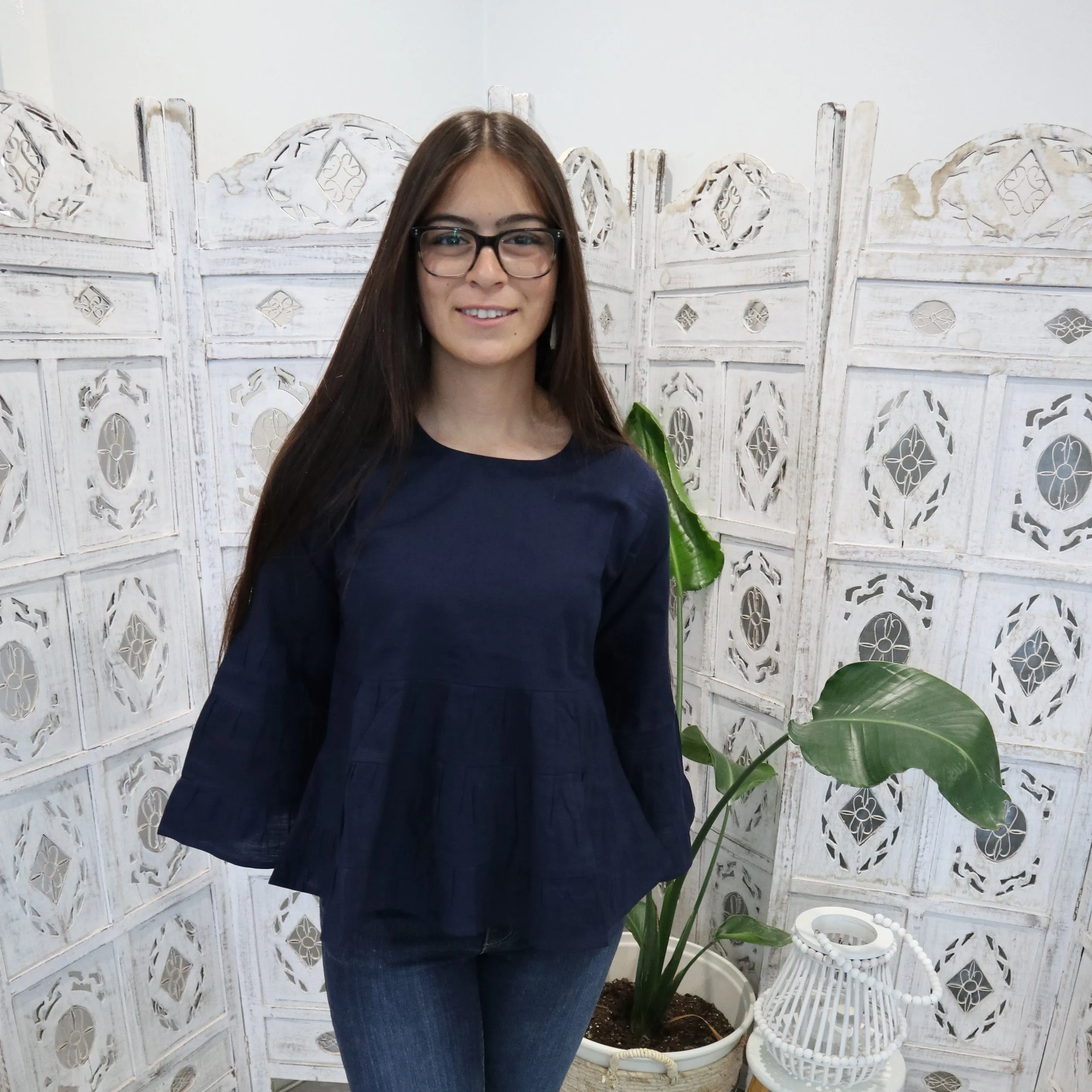 Fair Trade Linen Bell Sleeve Tiered Top - Navy