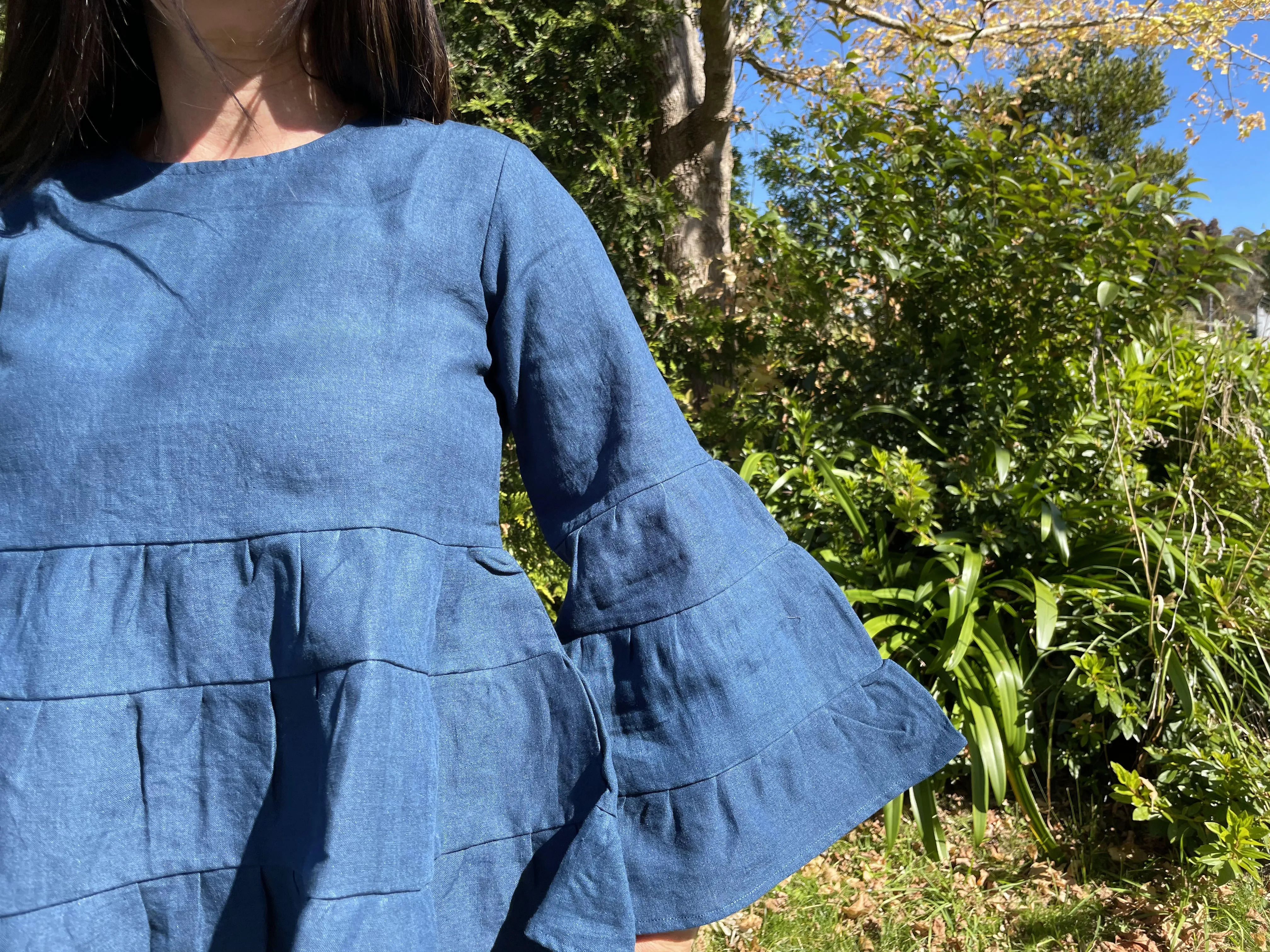 Fair Trade Linen Bell Sleeve Tiered Top - Navy
