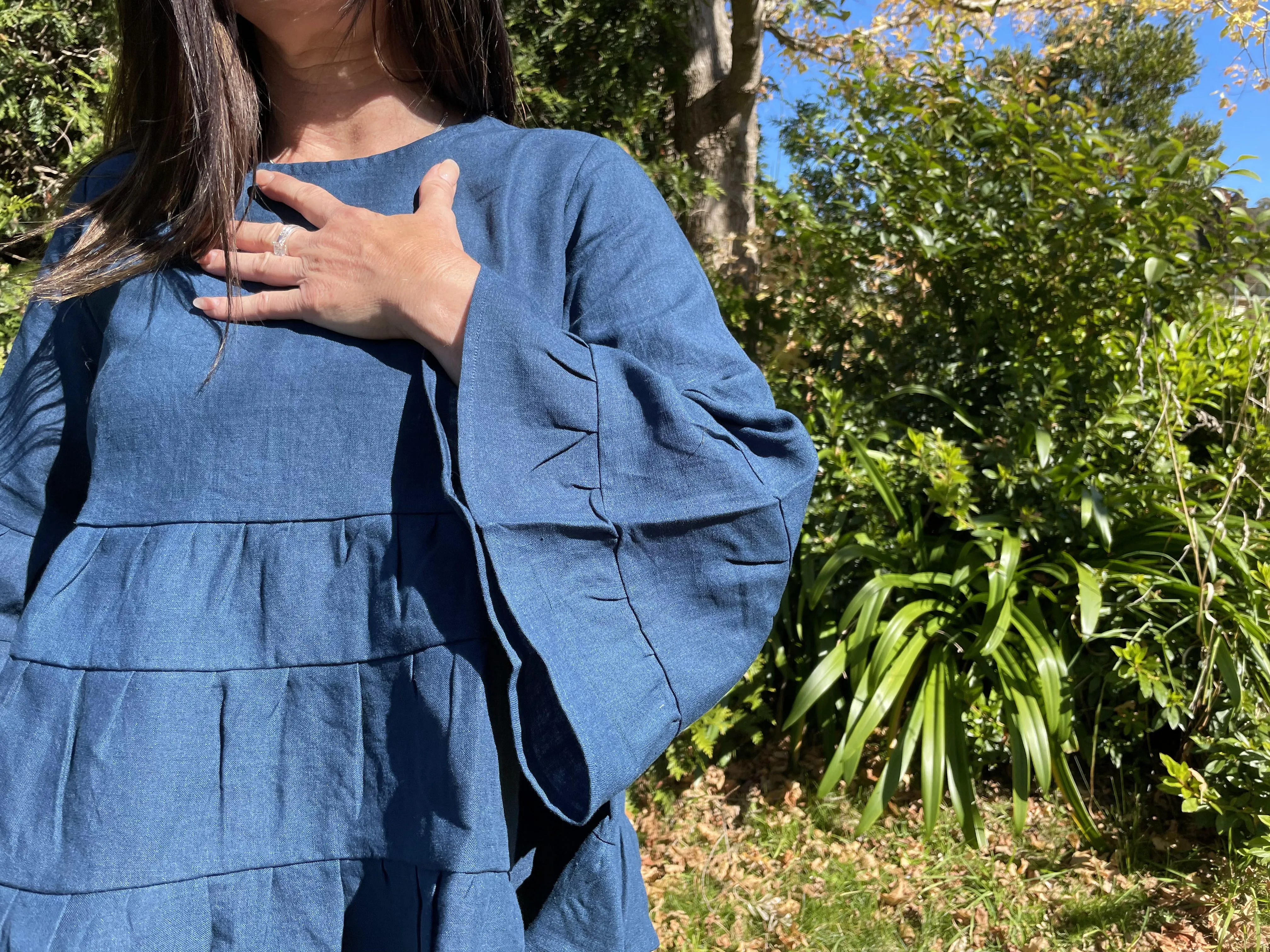 Fair Trade Linen Bell Sleeve Tiered Top - Navy