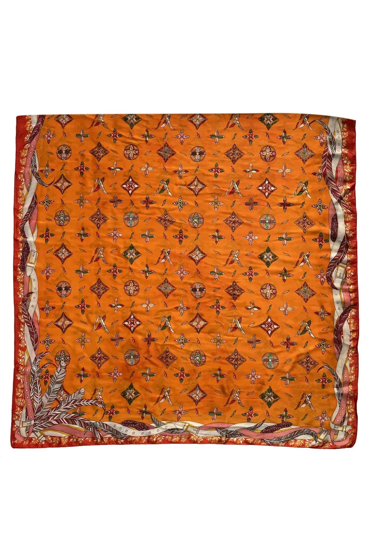 Feather & Floral Print Silk Scarf - Orange