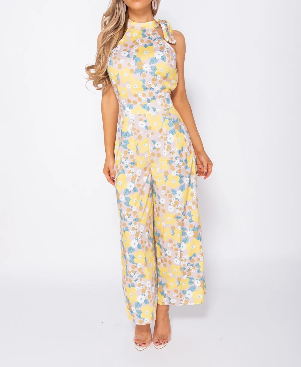 Floral Print Tie Neck Sleeveless Jumpsuit