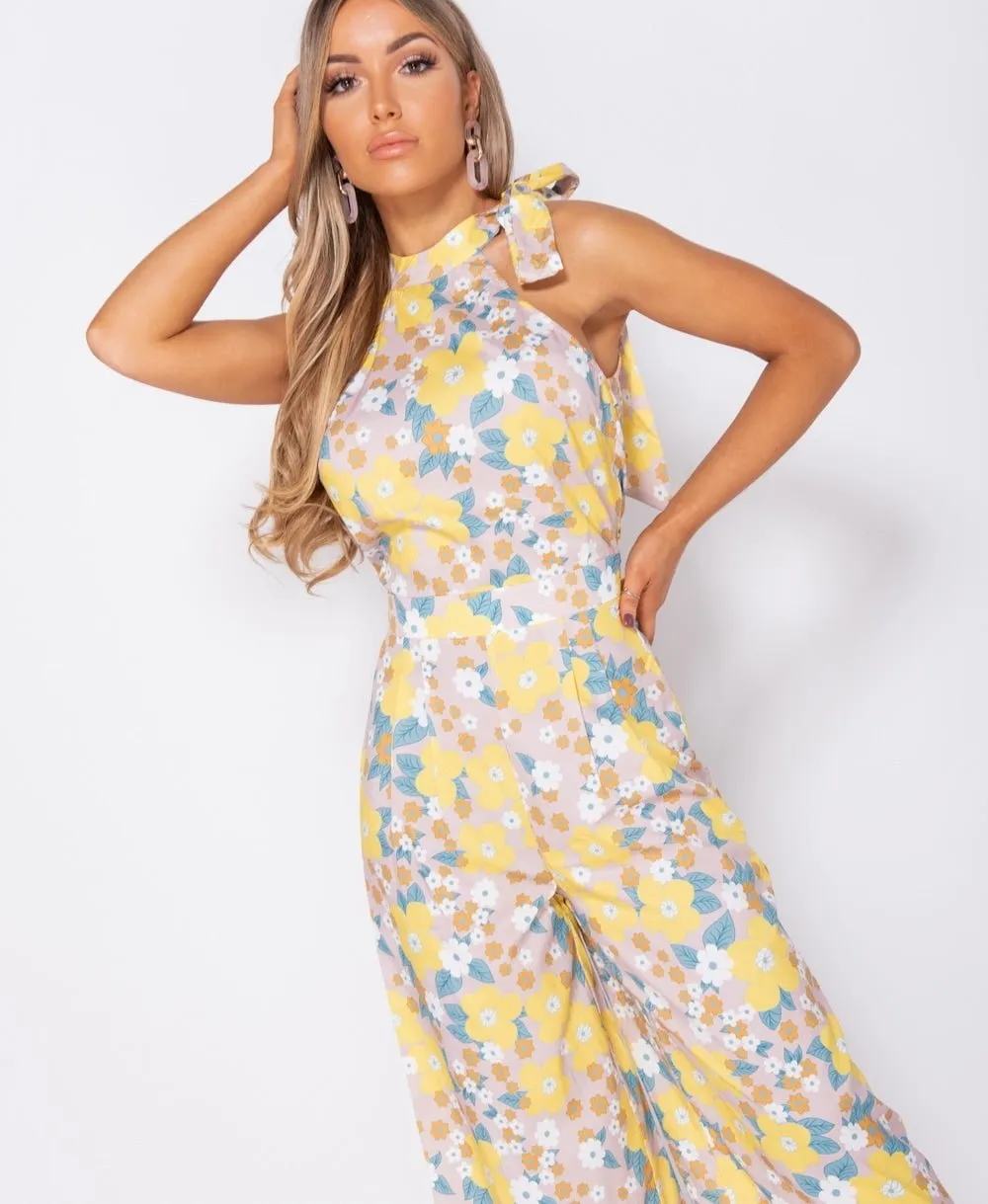 Floral Print Tie Neck Sleeveless Jumpsuit