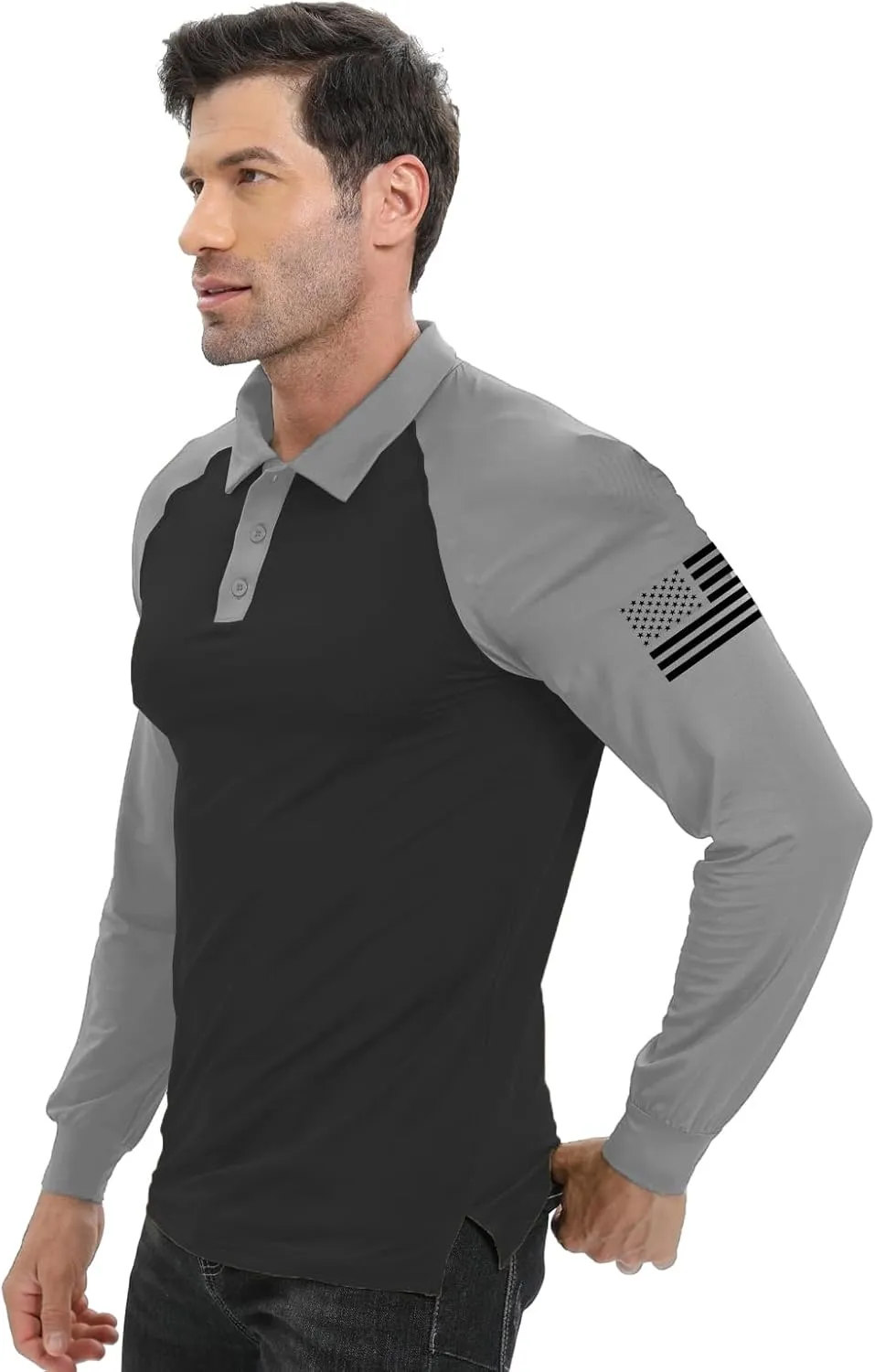 H HYFOL Long Sleeve Polo Shirts for Men Graphic Stretch Casual American Patriotic Raglan Golf Polos for Men